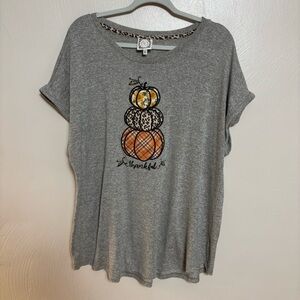 TruSelf Women's Shirt‎ Short Sleeve Thankful Patchwork Pumpkins Brown Size 2X